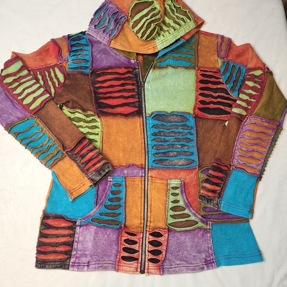 Rising International Jackets & Blazers - Colorful Patchwork Hooded Jacket Size Medium Made In Nepal Distressed Pockets